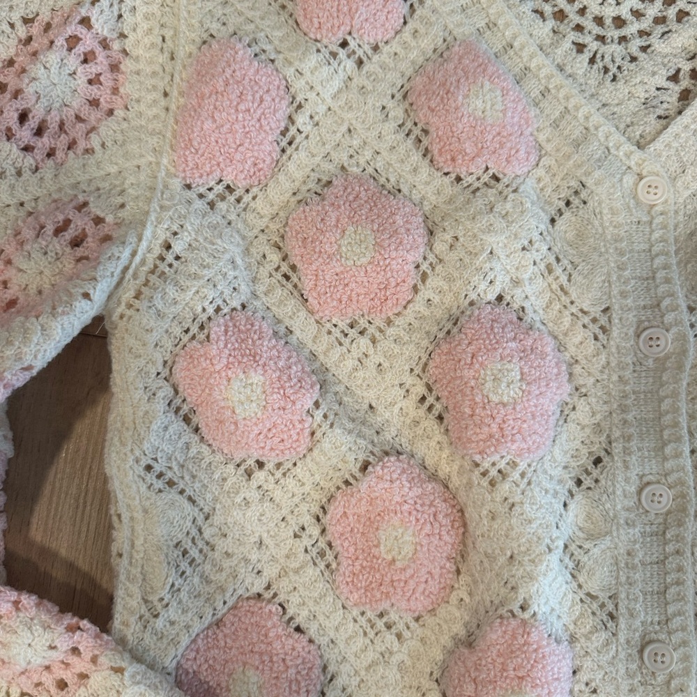 Pink and Cream Crochet Women's Sweater - Picture 3 of 4